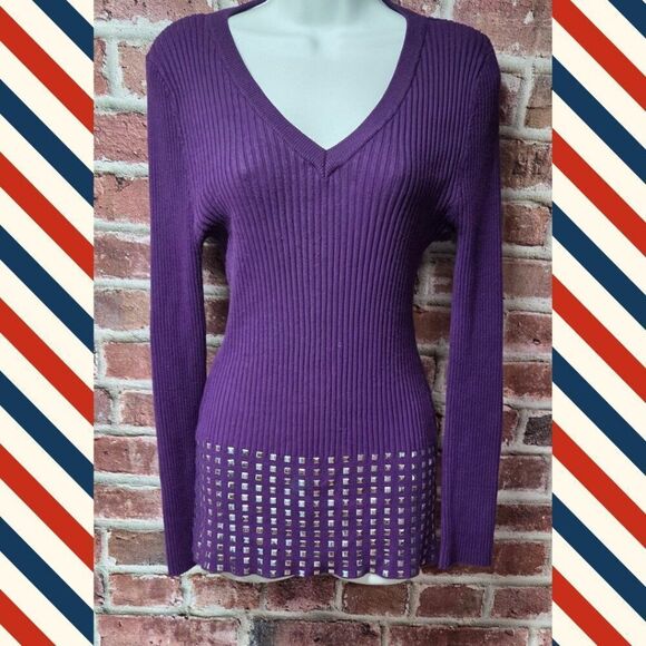 ots Purple Ribbed V-Neck Sweater Large Long Sleeve Studded Hem Lightweight - Picture 1 of 8